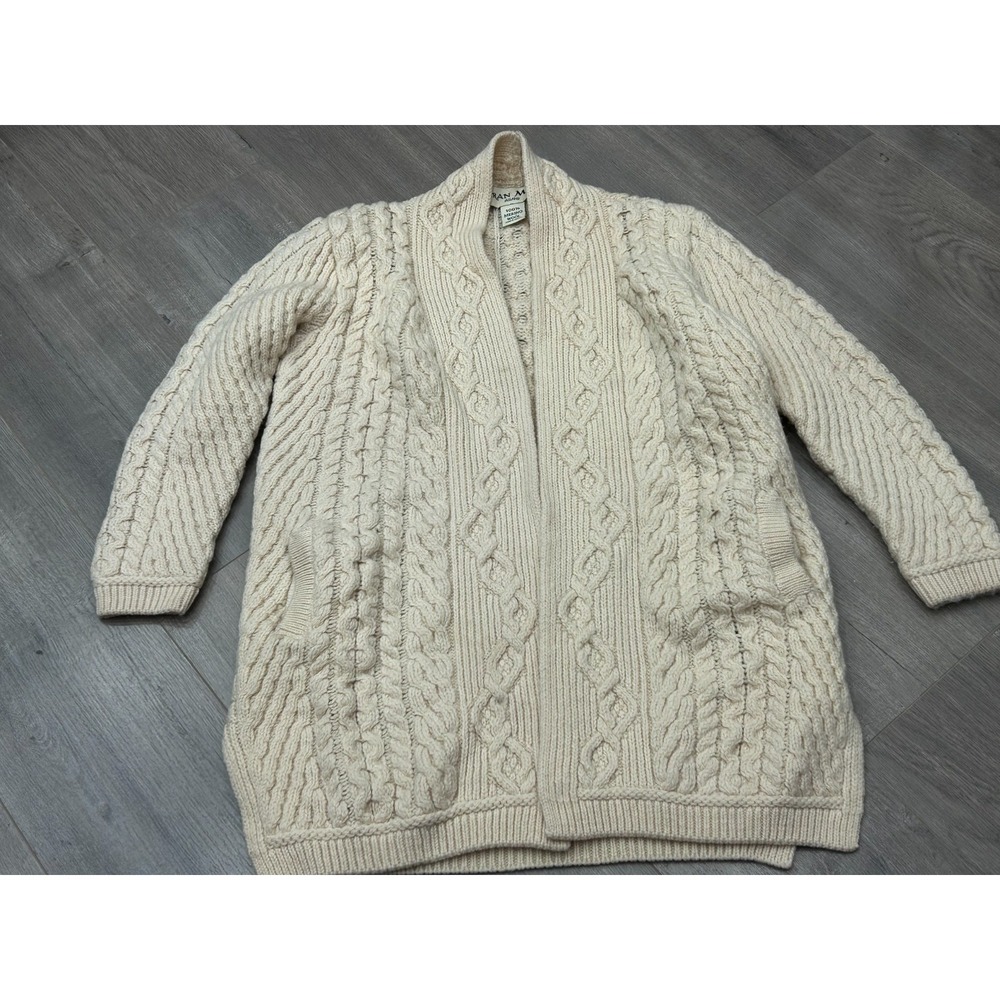 Aran Mor Cardigan‎ Womens Medium Cream Merino Wool Cable Knit Open Front Sweater